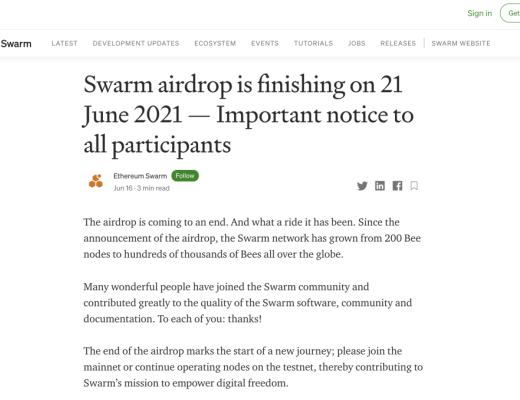 Swarm宣布空投结束 8月2号开始质押挖币空投时间表