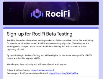 
      RociFi：Web3的0抵押借贷协议 申请测试领奖励