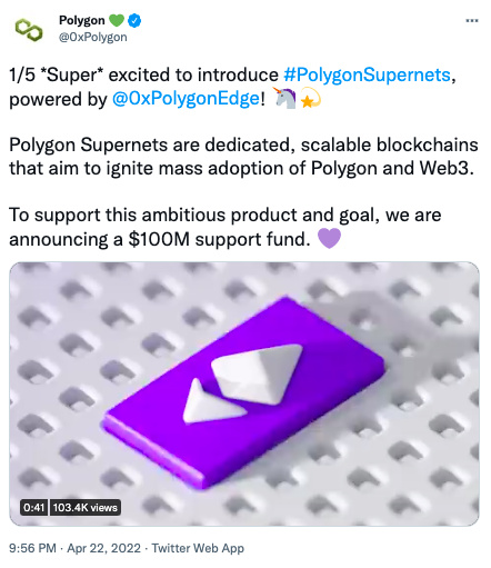 Polygon推出Web3专用网络Supernets 将提供1亿美元生态基金