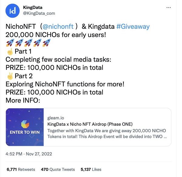 
      NichoNFT联合Kindata开展首场社区空投活动