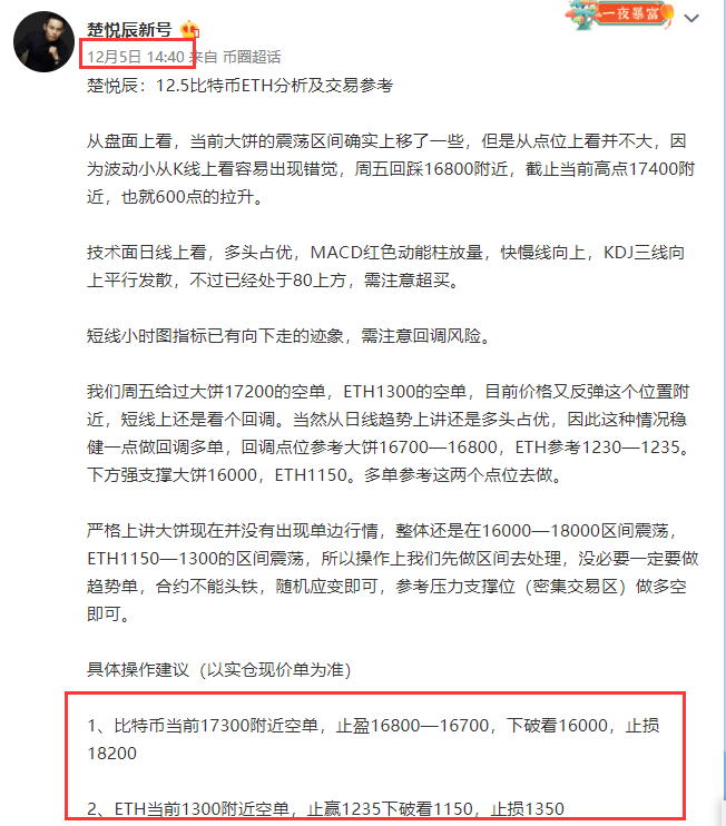 
      楚悦辰：12.6比特币ETH行情分析及交易参考