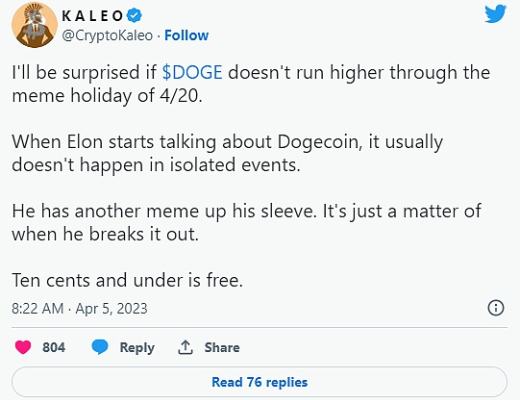 
      受欢迎的加密货币分析师表示  狗狗币 ($DOGE) 可能在受 Meme 启发的集会中飙升 180%